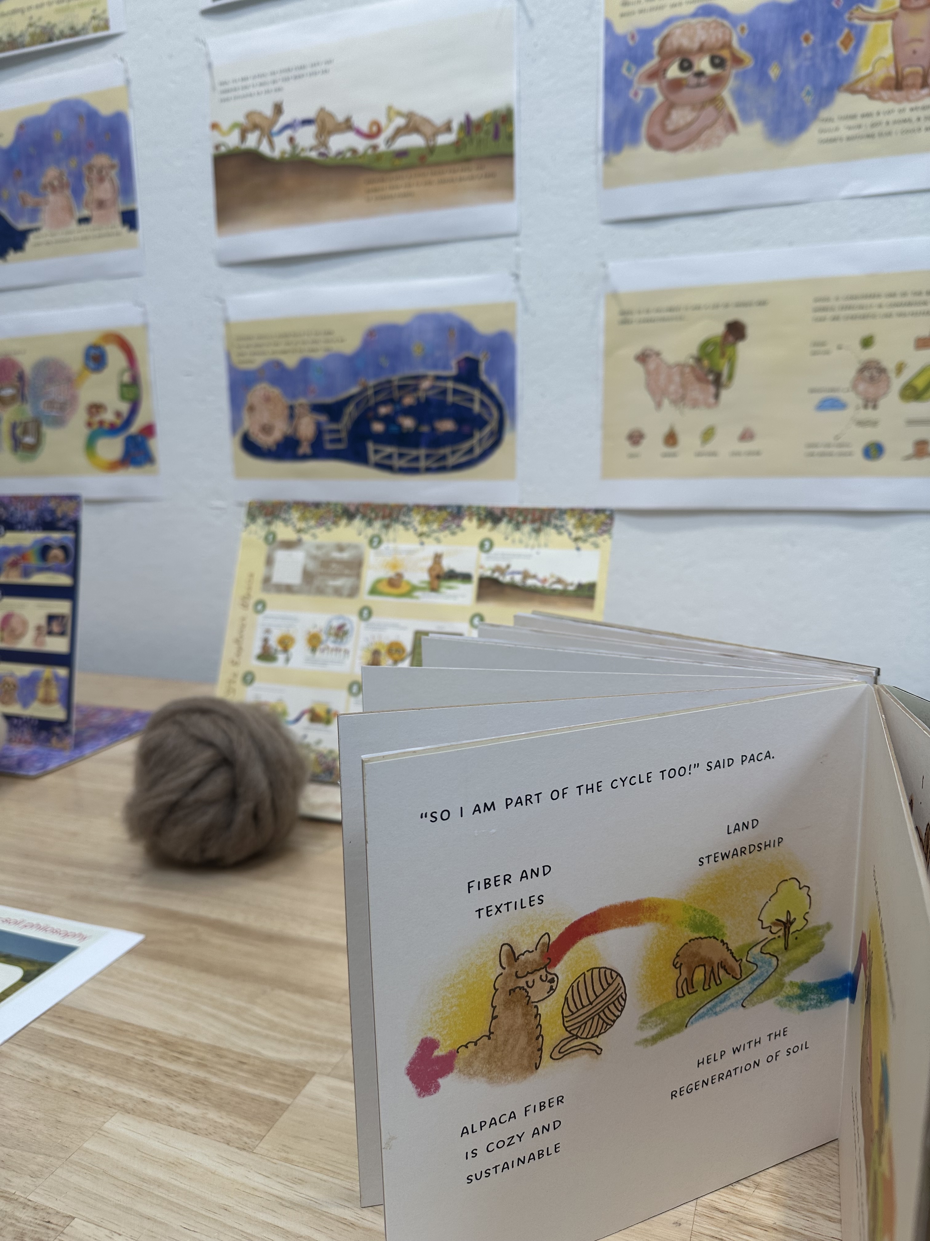Children's illustrated books and prints on a table and wall, with a ball of brown yarn.