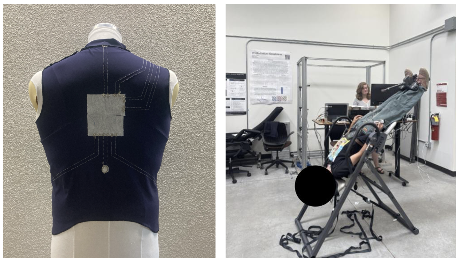 Mannequin in navy vest with square sensor patch; person reclined in lab chair connected to cables